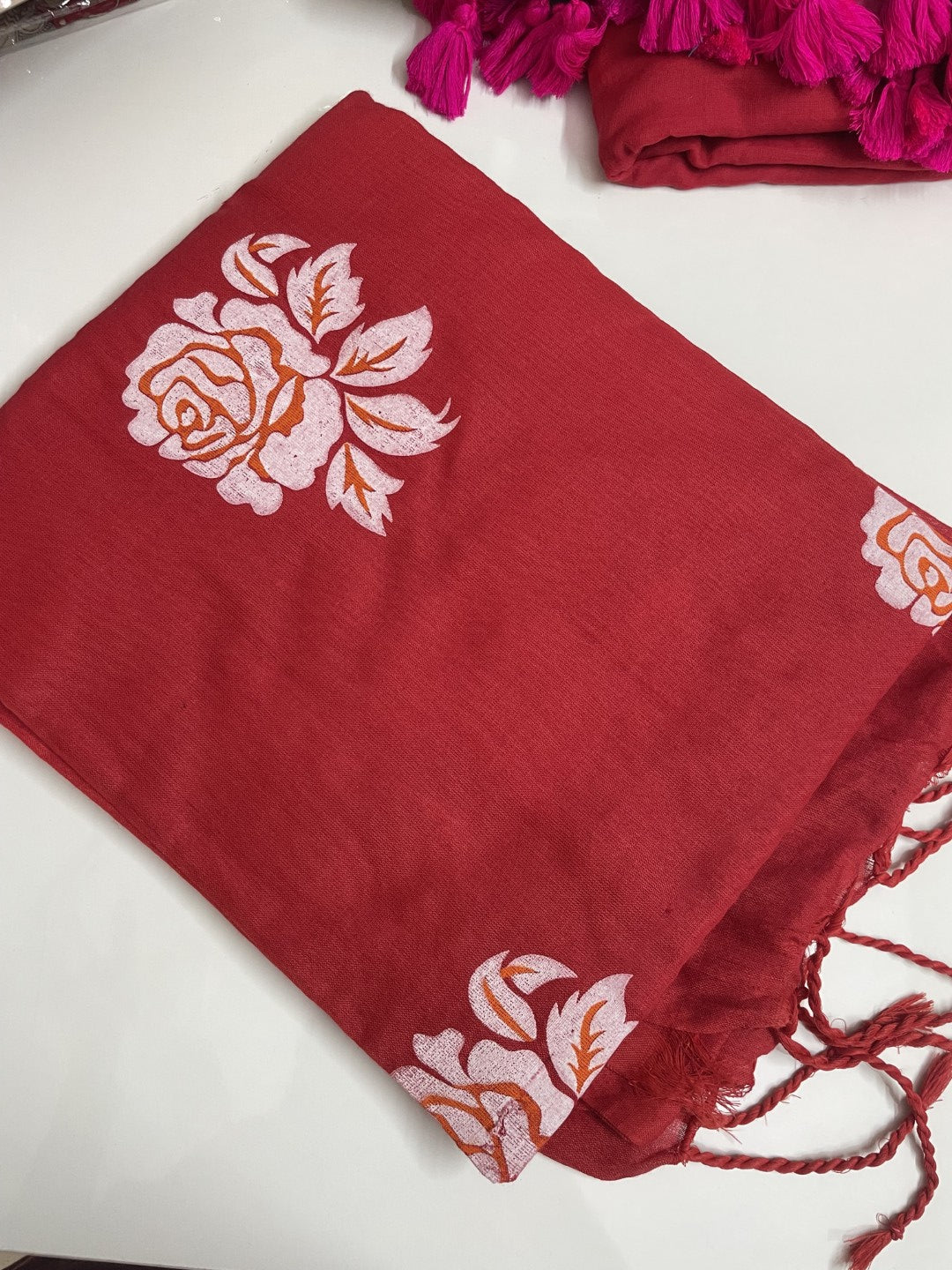 Red Rose HandPaint Khadi Cotton Saree