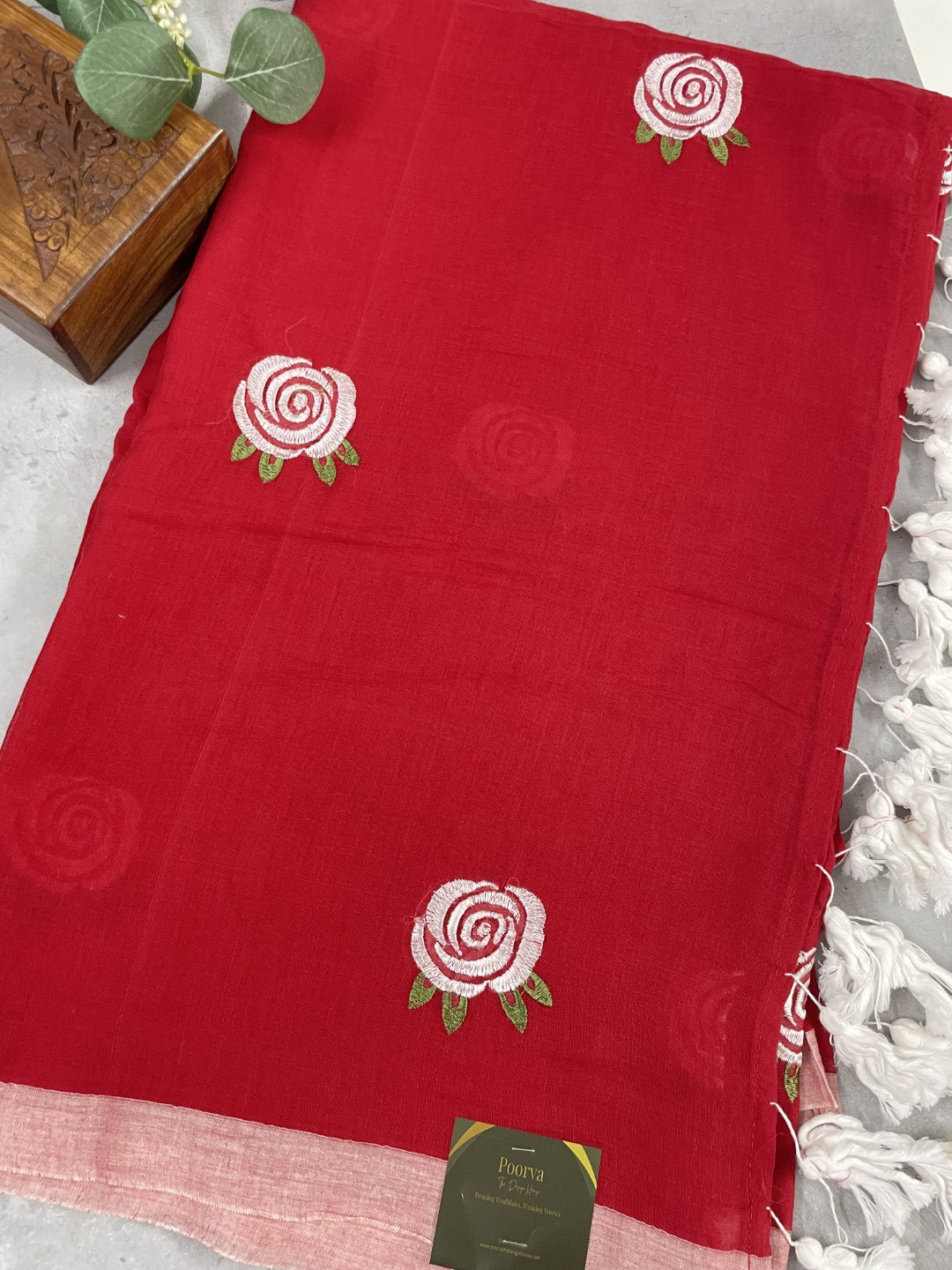 Red Rose Embroidery Mul Cotton Saree