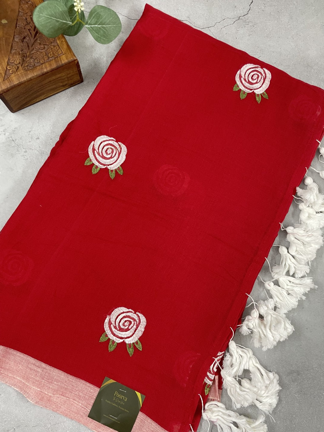 Red Rose Embroidery Mul Cotton Saree