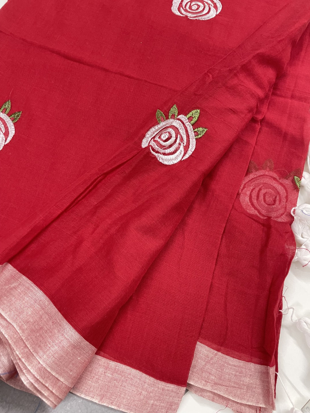 Red Rose Embroidery Mul Cotton Saree