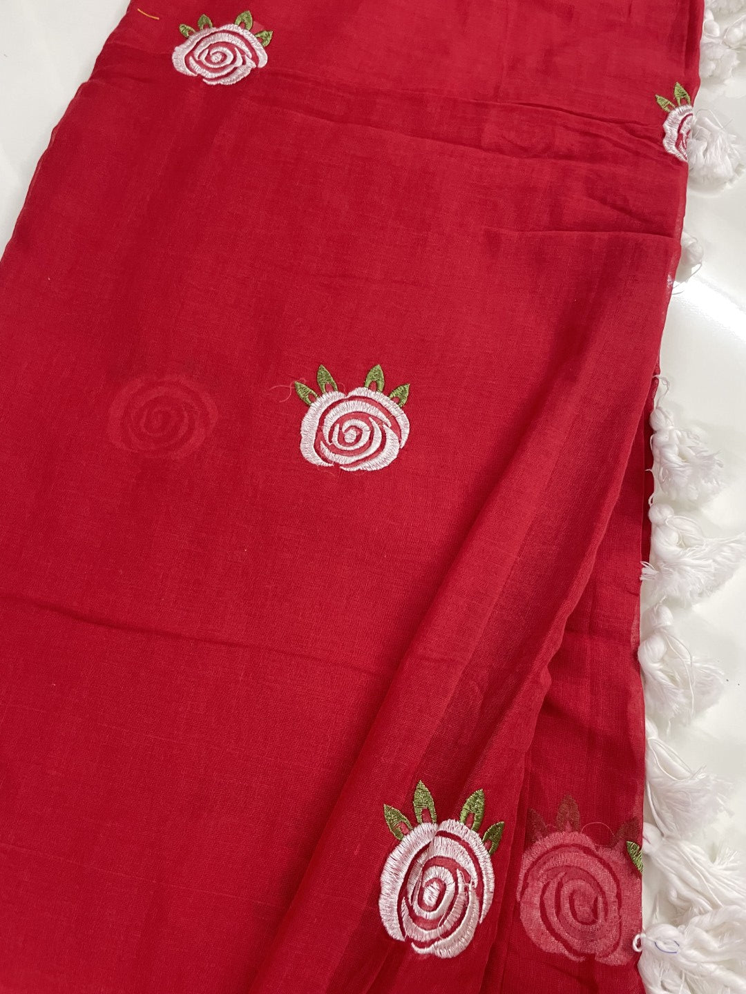 Red Rose Embroidery Mul Cotton Saree