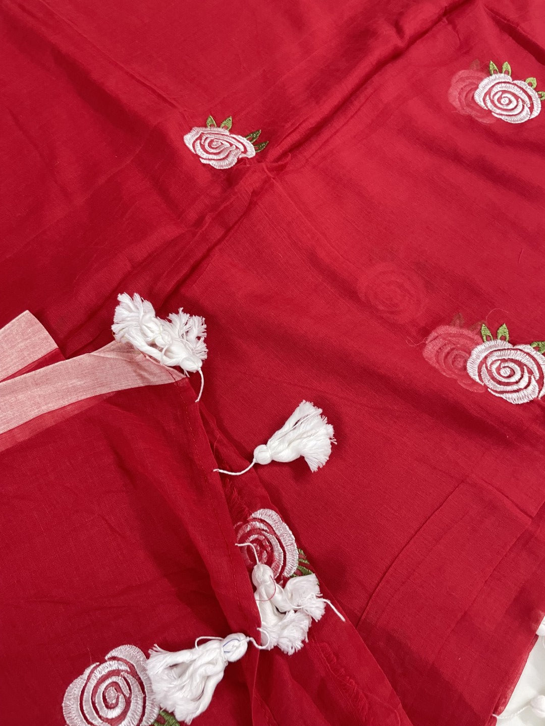 Red Rose Embroidery Mul Cotton Saree