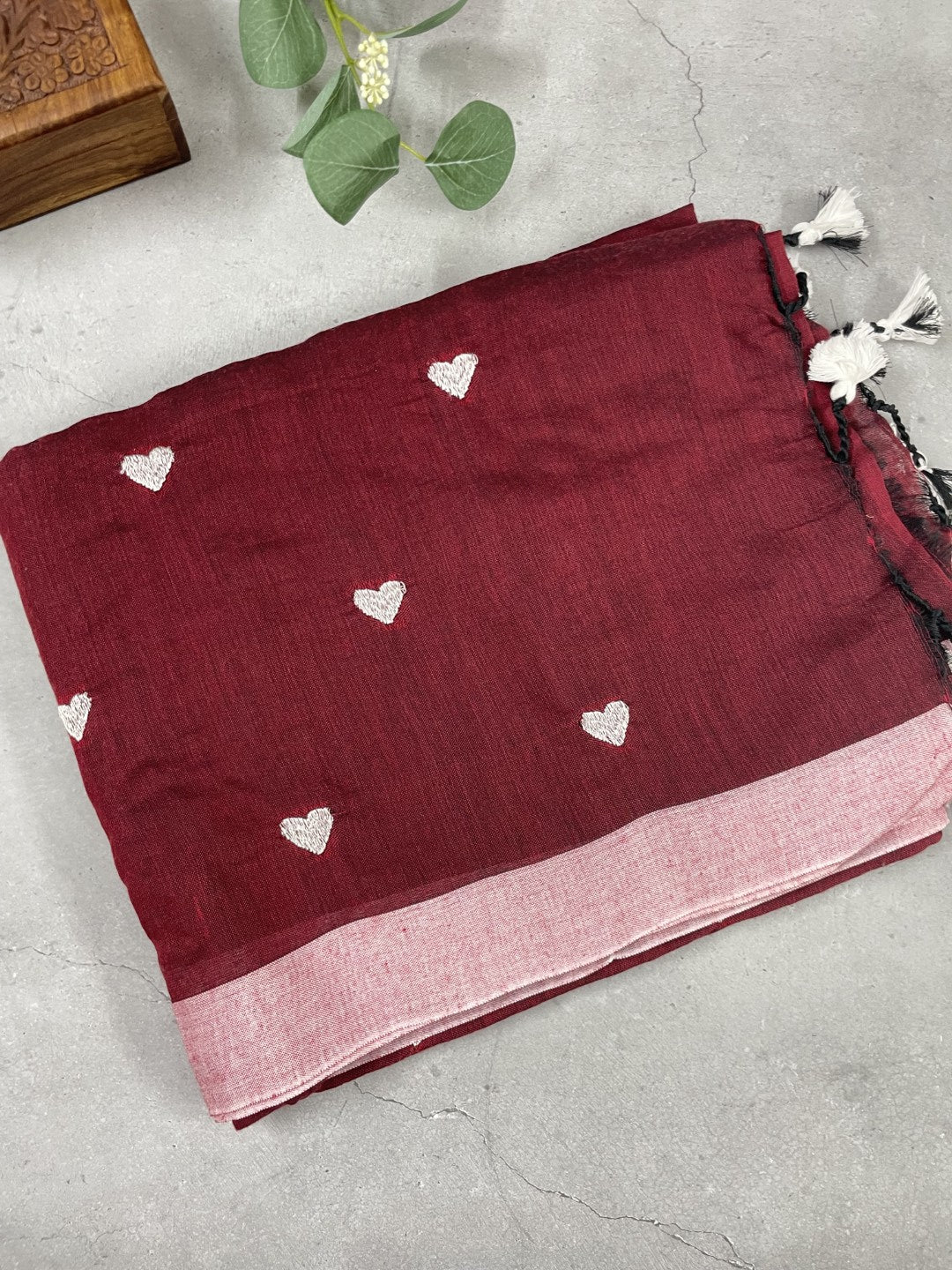 Brown Heart Embroidery Khadi Cotton Saree