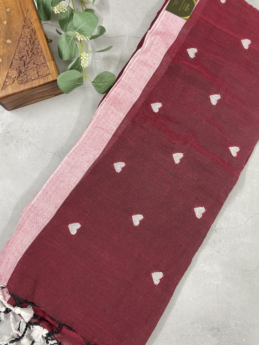 Brown Heart Embroidery Khadi Cotton Saree