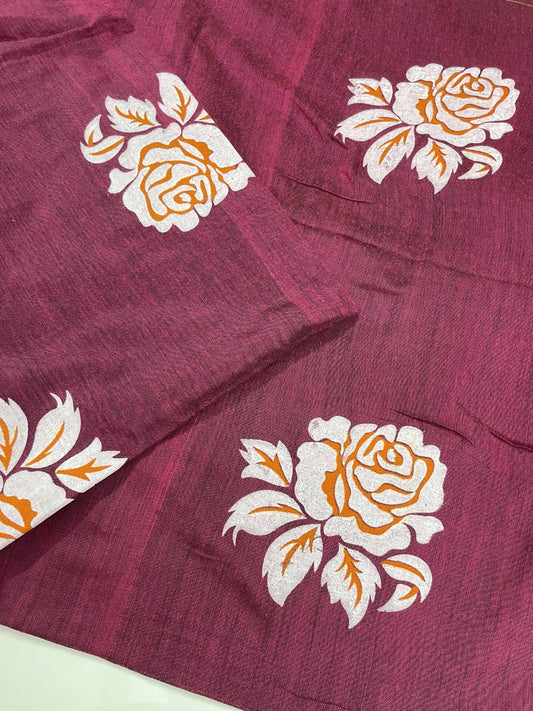Wine Rose HandPaint Khadi Cotton Saree