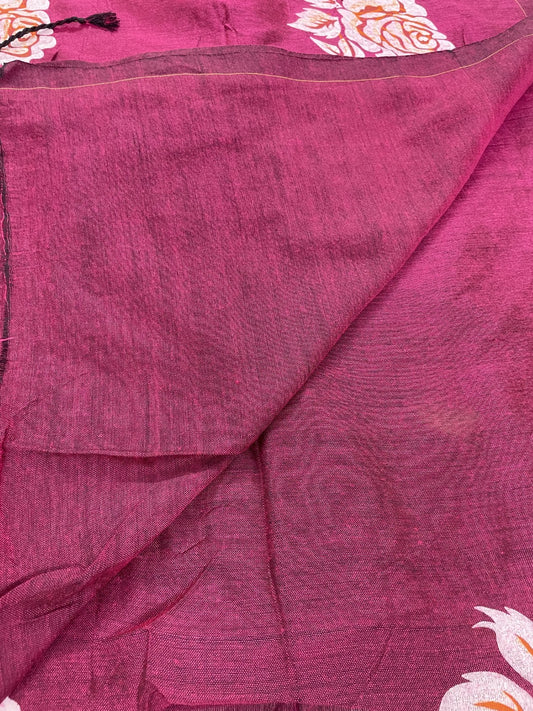 Wine Rose HandPaint Khadi Cotton Saree
