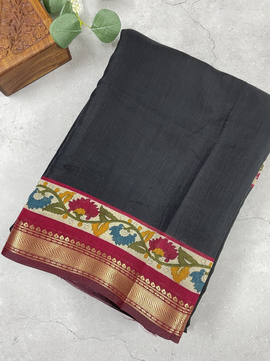 Black Floral Border Viscose Cotton Saree