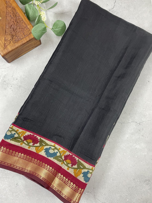 Black Floral Border Viscose Cotton Saree