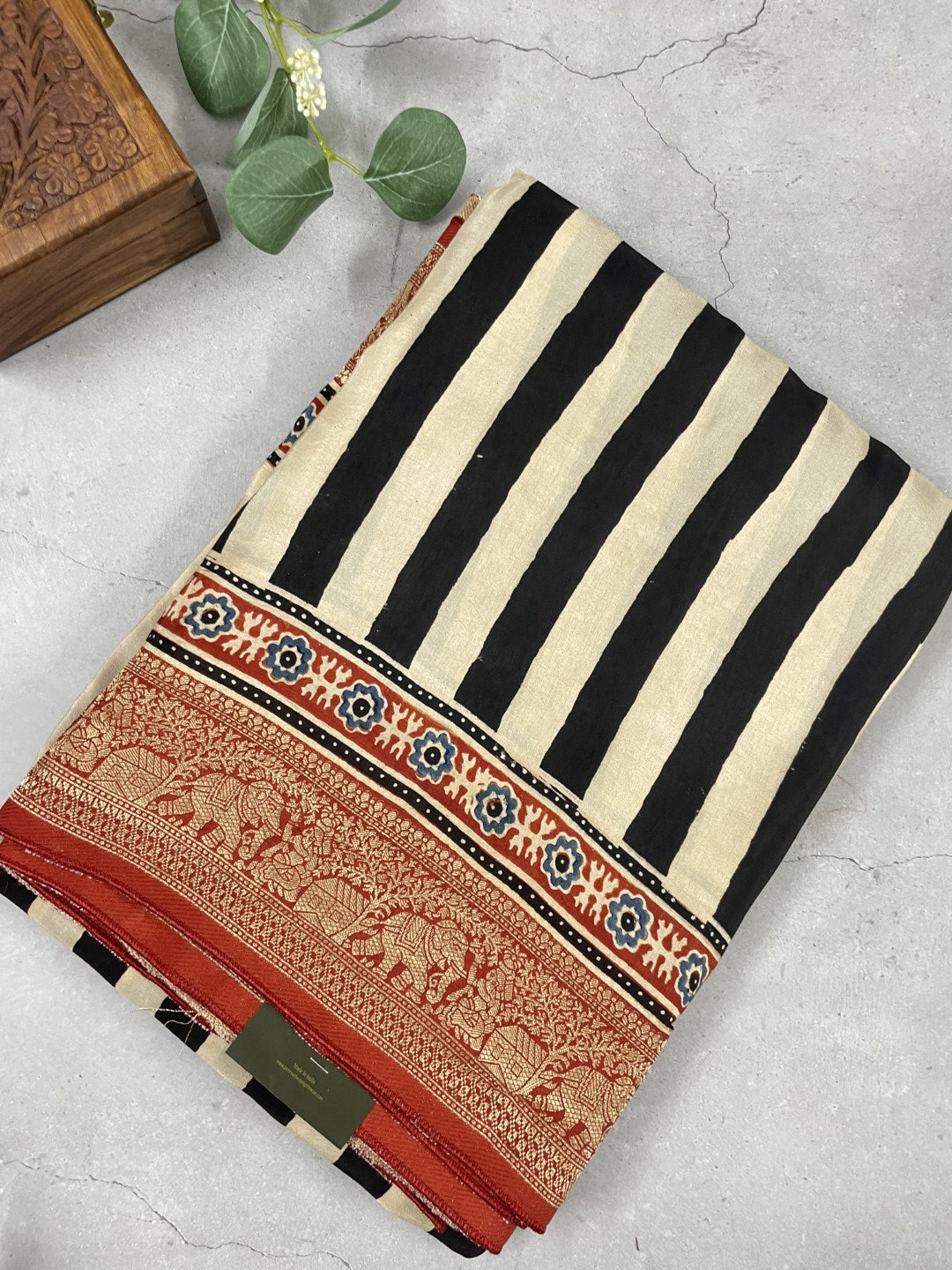 Stripe Ajrakh Handblock Dola Silk Saree