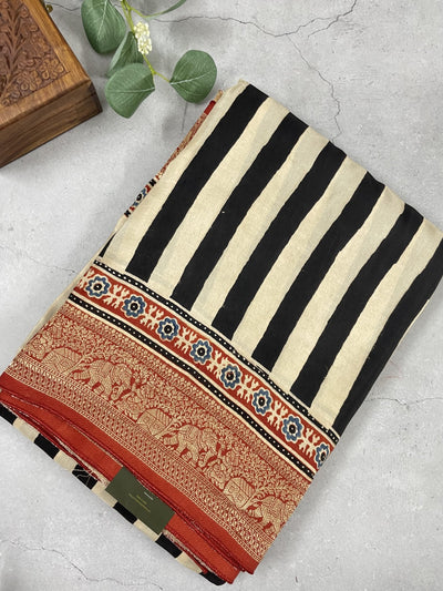 Stripe Ajrakh Handblock Dola Silk Saree