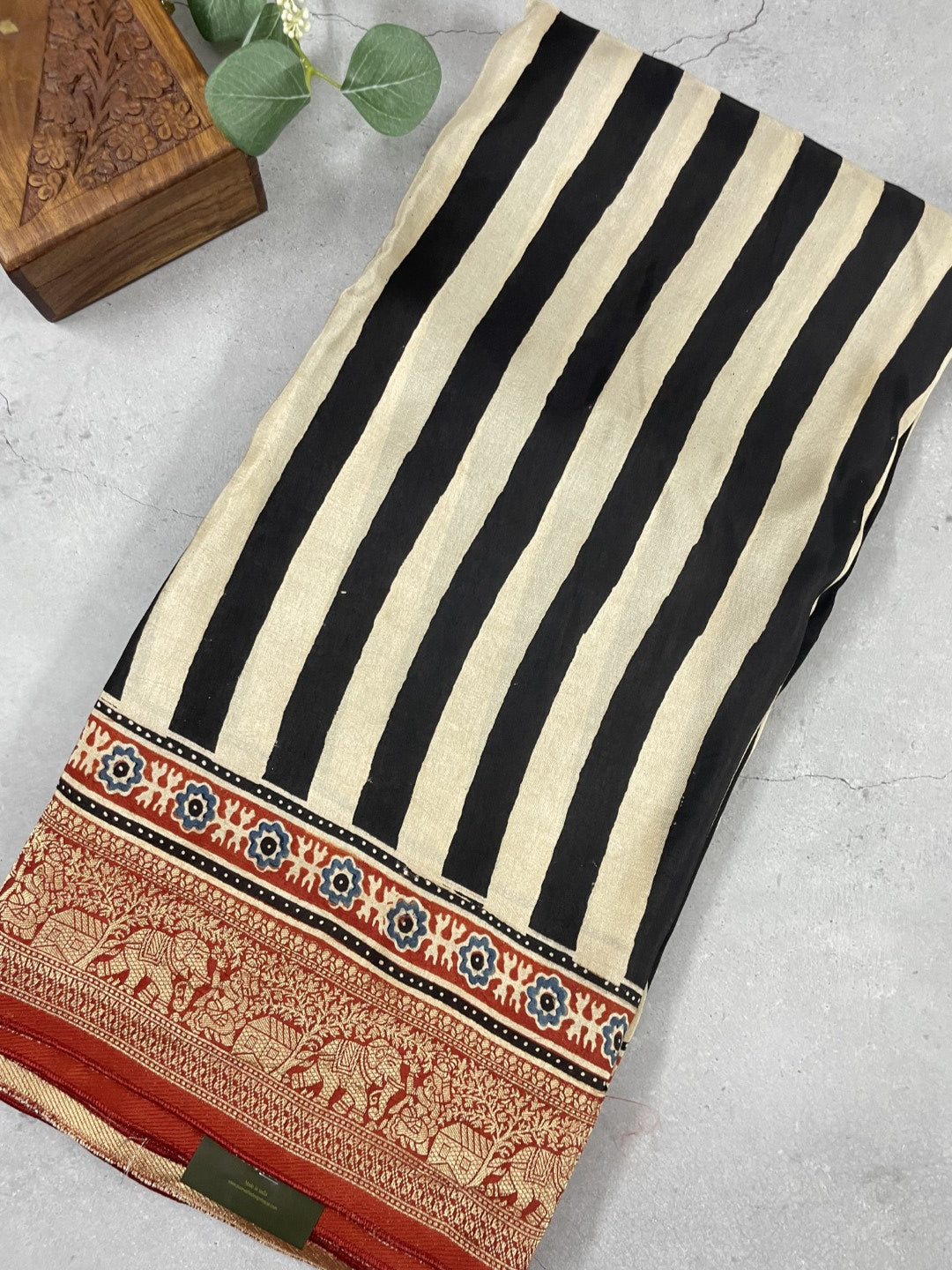 Stripe Ajrakh Handblock Dola Silk Saree