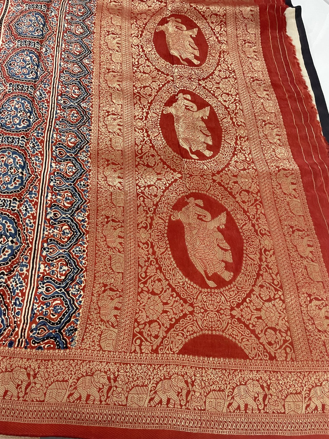 Stripe Ajrakh Handblock Dola Silk Saree