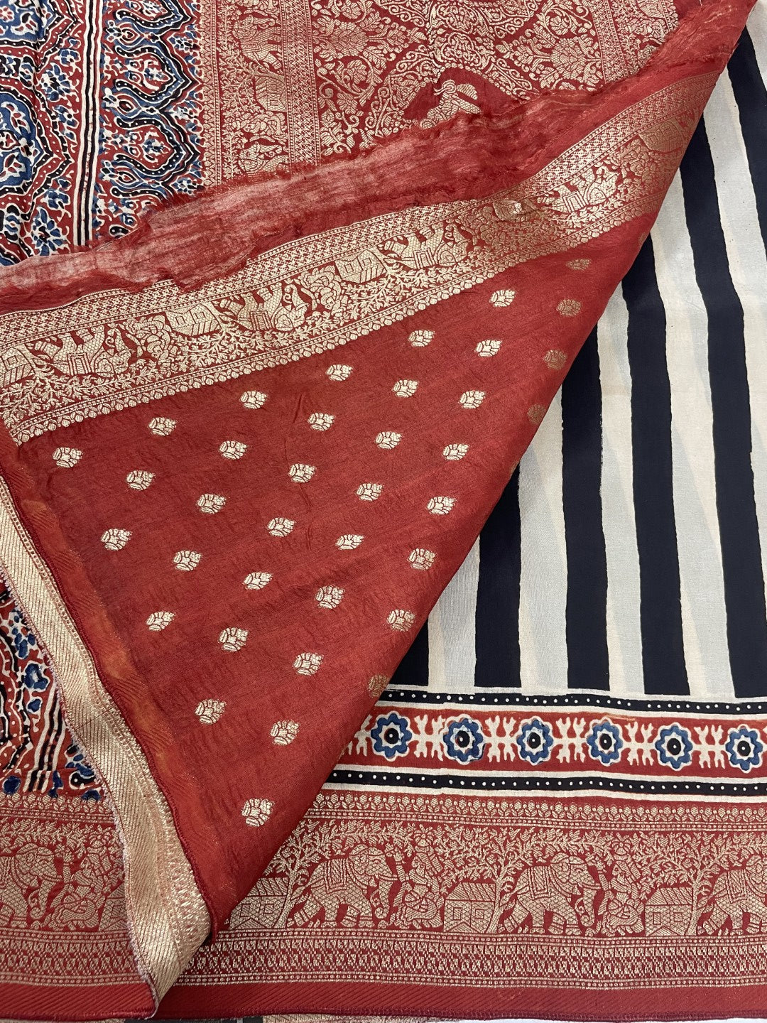 Stripe Ajrakh Handblock Dola Silk Saree