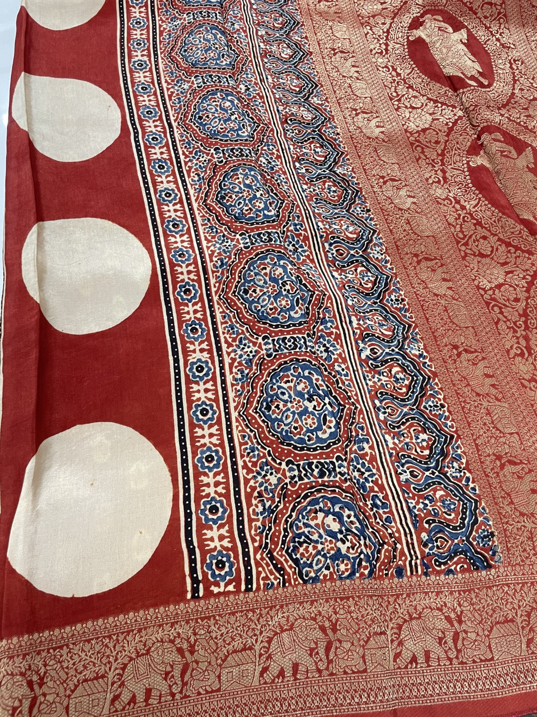 Stripe Ajrakh Handblock Dola Silk Saree