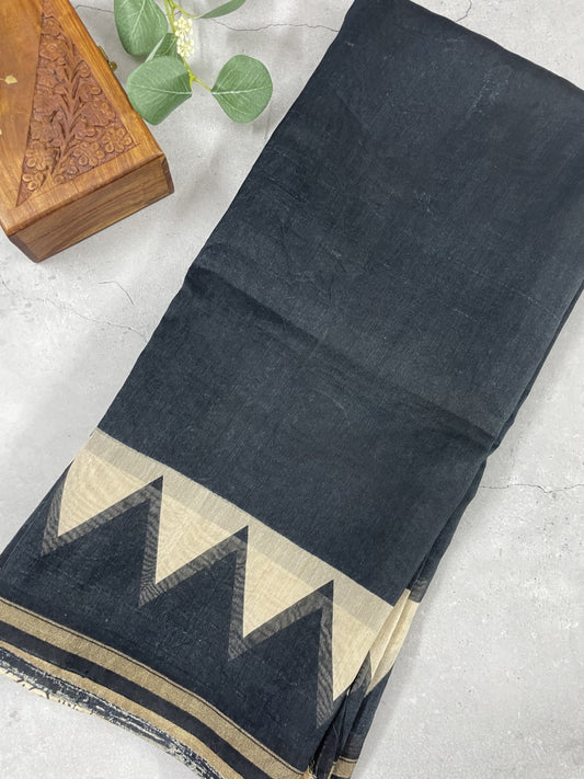 Black Handblock Chanderi Silk Saree
