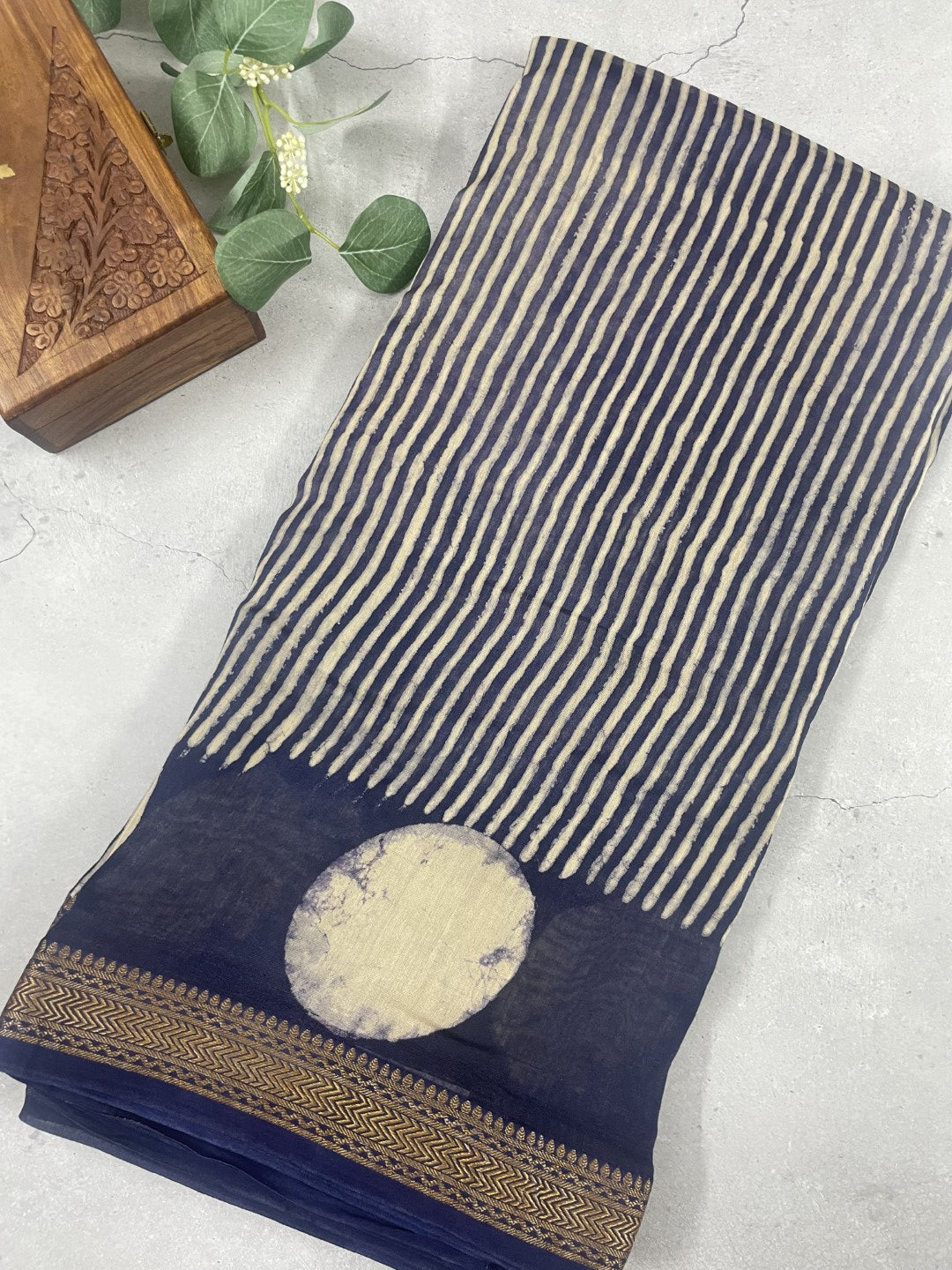 Blue Handblock Chanderi Silk Saree