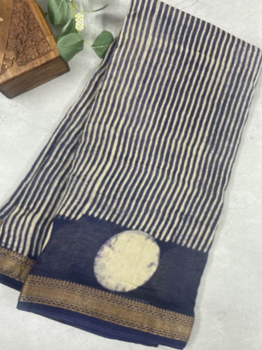 Blue Handblock Chanderi Silk Saree