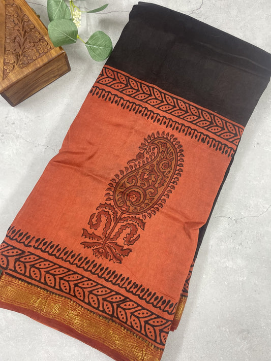 Black N Maroon Handblock Chenderi Silk Saree