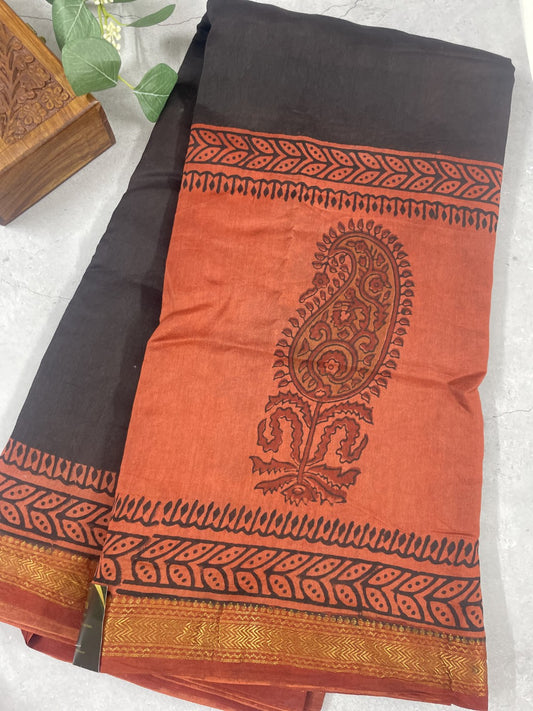 Black N Maroon Handblock Chenderi Silk Saree