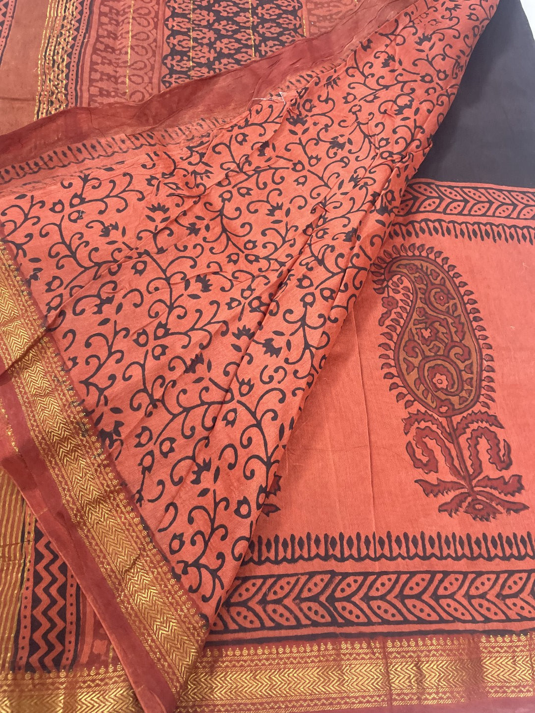 Black N Maroon Handblock Chenderi Silk Saree