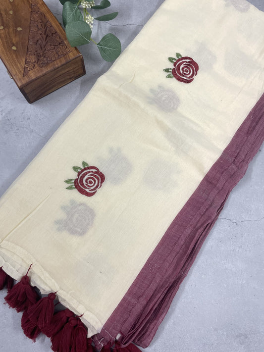 White Rose Embroidery Mul Cotton Saree