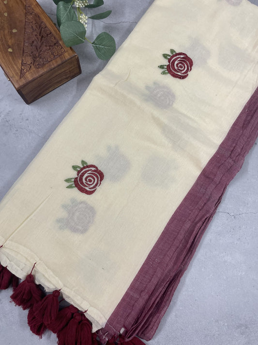White Rose Embroidery Mul Cotton Saree