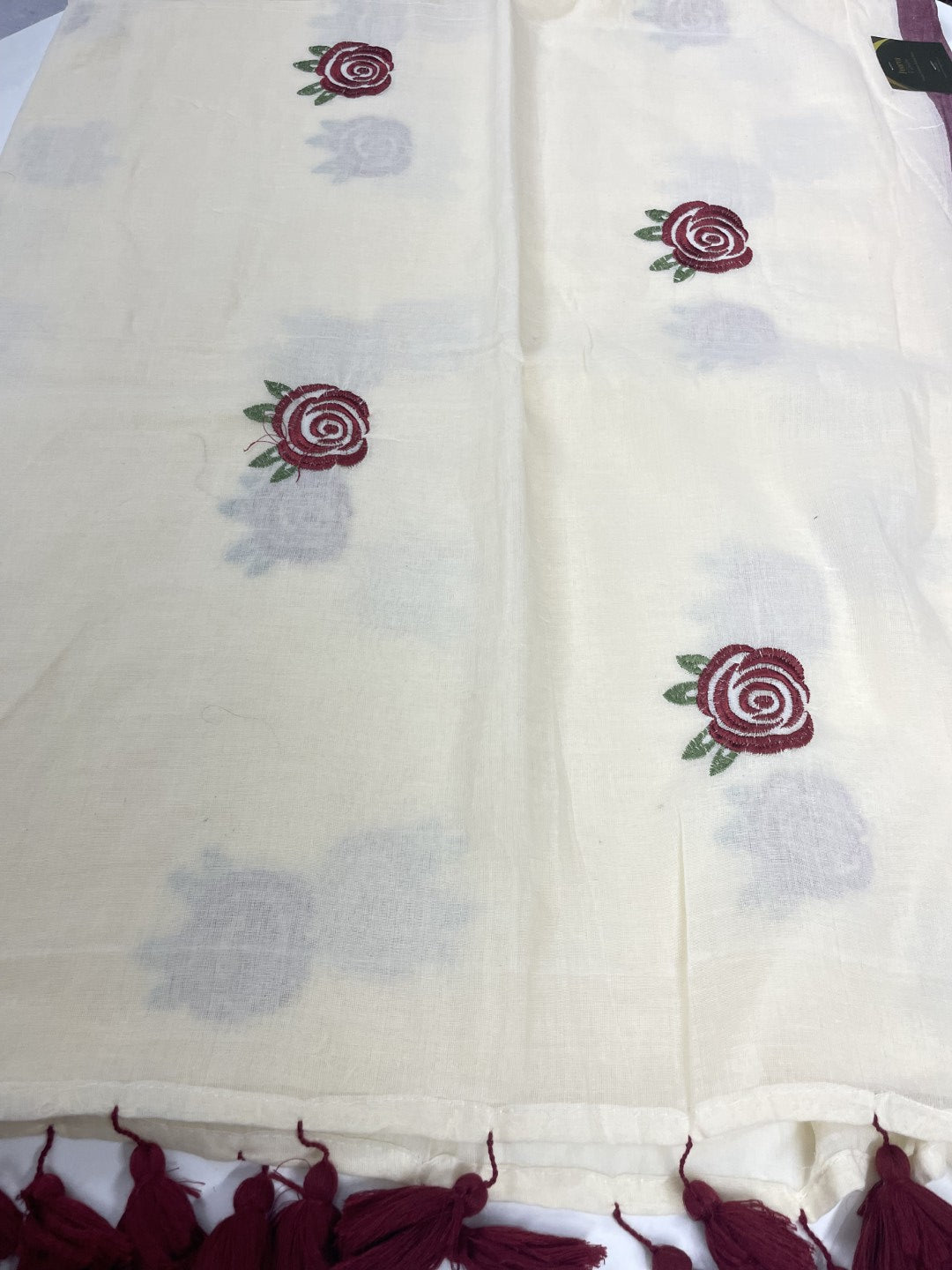 White Rose Embroidery Mul Cotton Saree