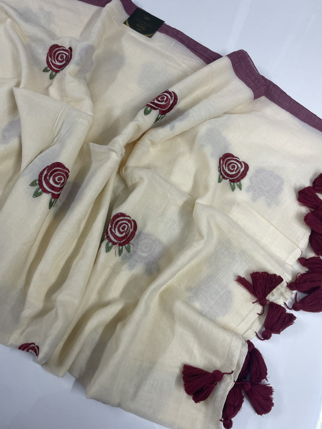 White Rose Embroidery Mul Cotton Saree