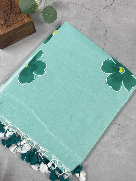 Sea Green HandPaint Mul Cotton Saree