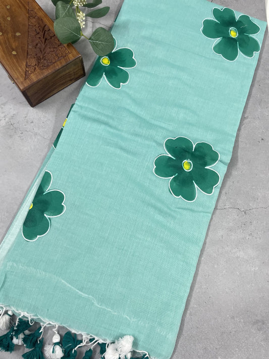 Sea Green HandPaint Mul Cotton Saree