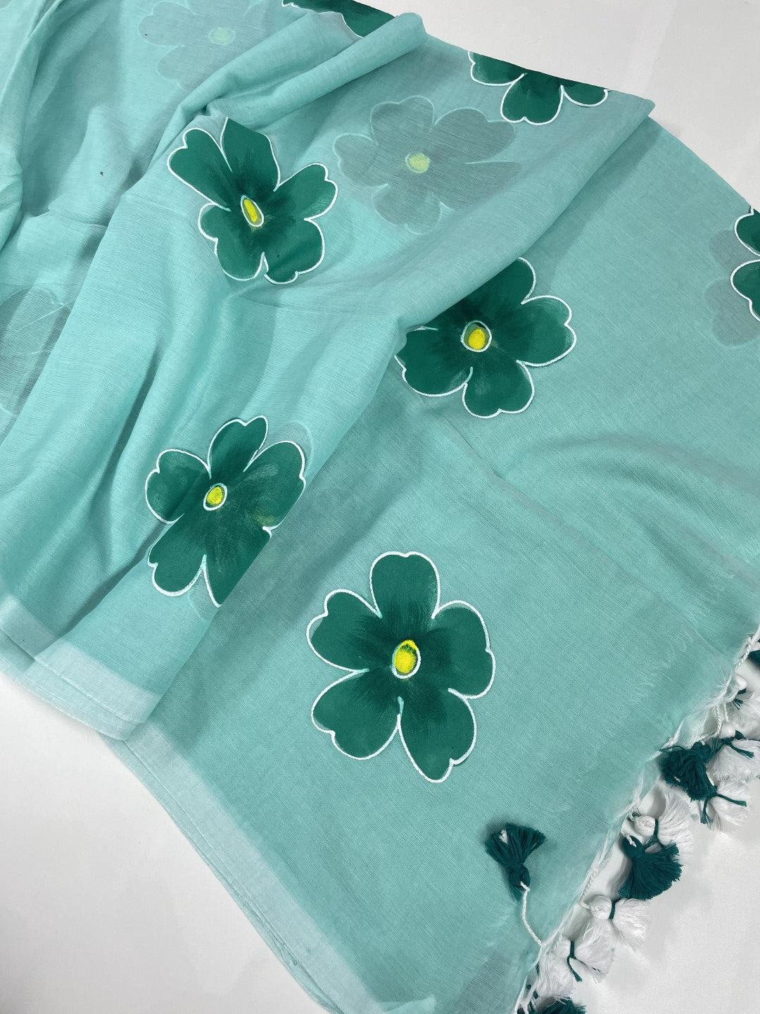 Sea Green HandPaint Mul Cotton Saree