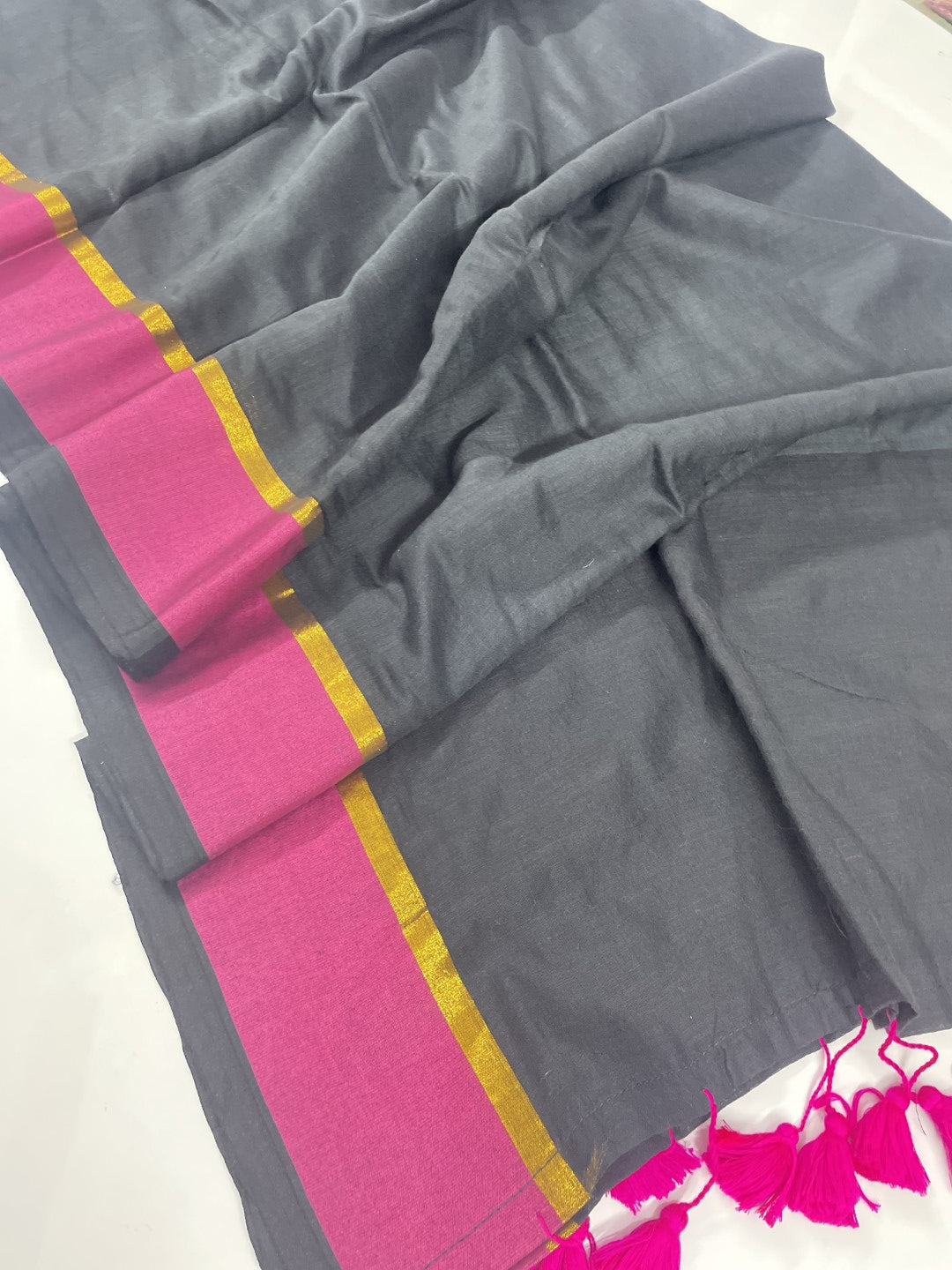 Black N Pink Mul Cotton Saree