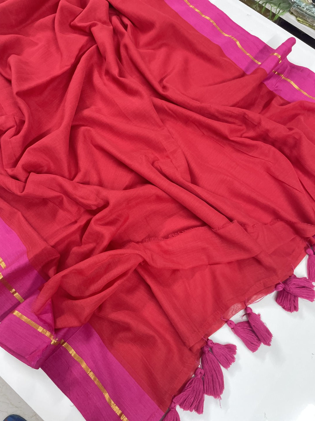 Red N Pink Mul Cotton Saree
