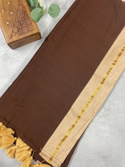 Brown N Offwhite Mul Cotton Saree