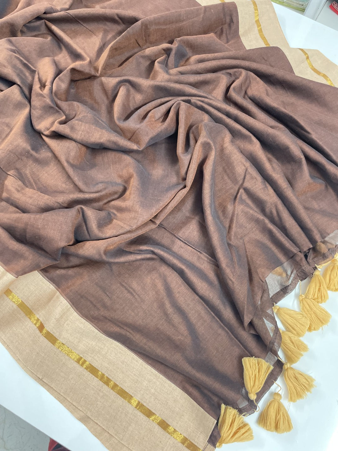 Brown N Offwhite Mul Cotton Saree