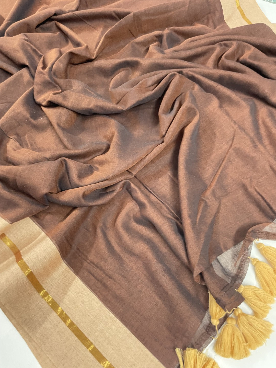 Brown N Offwhite Mul Cotton Saree