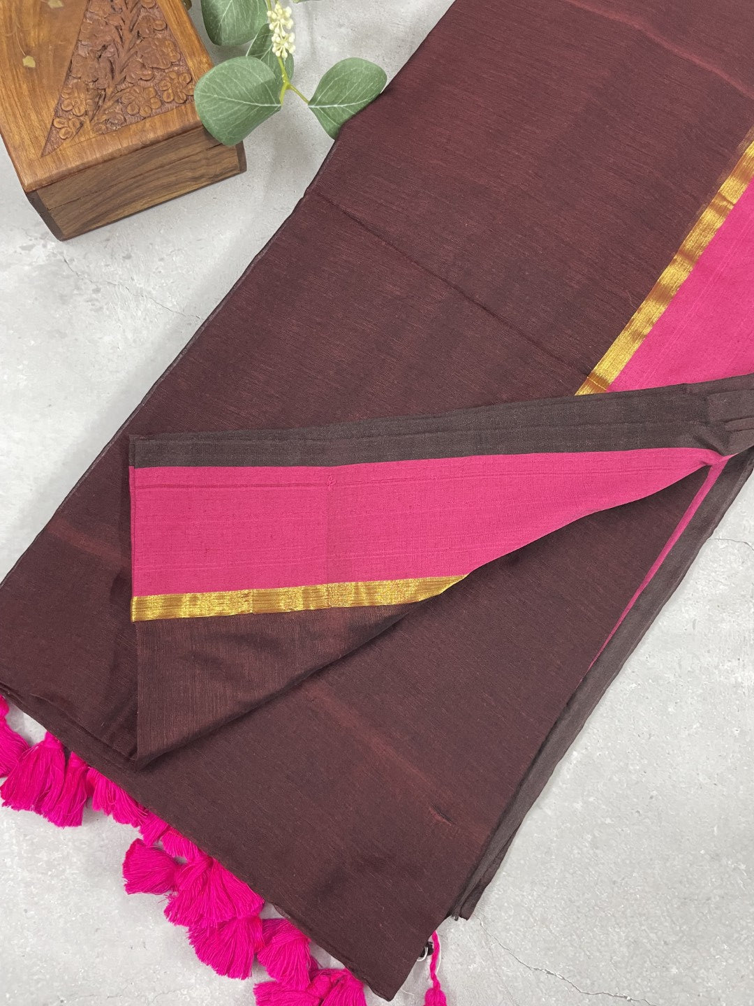 Brown N Pink Mul Cotton Saree