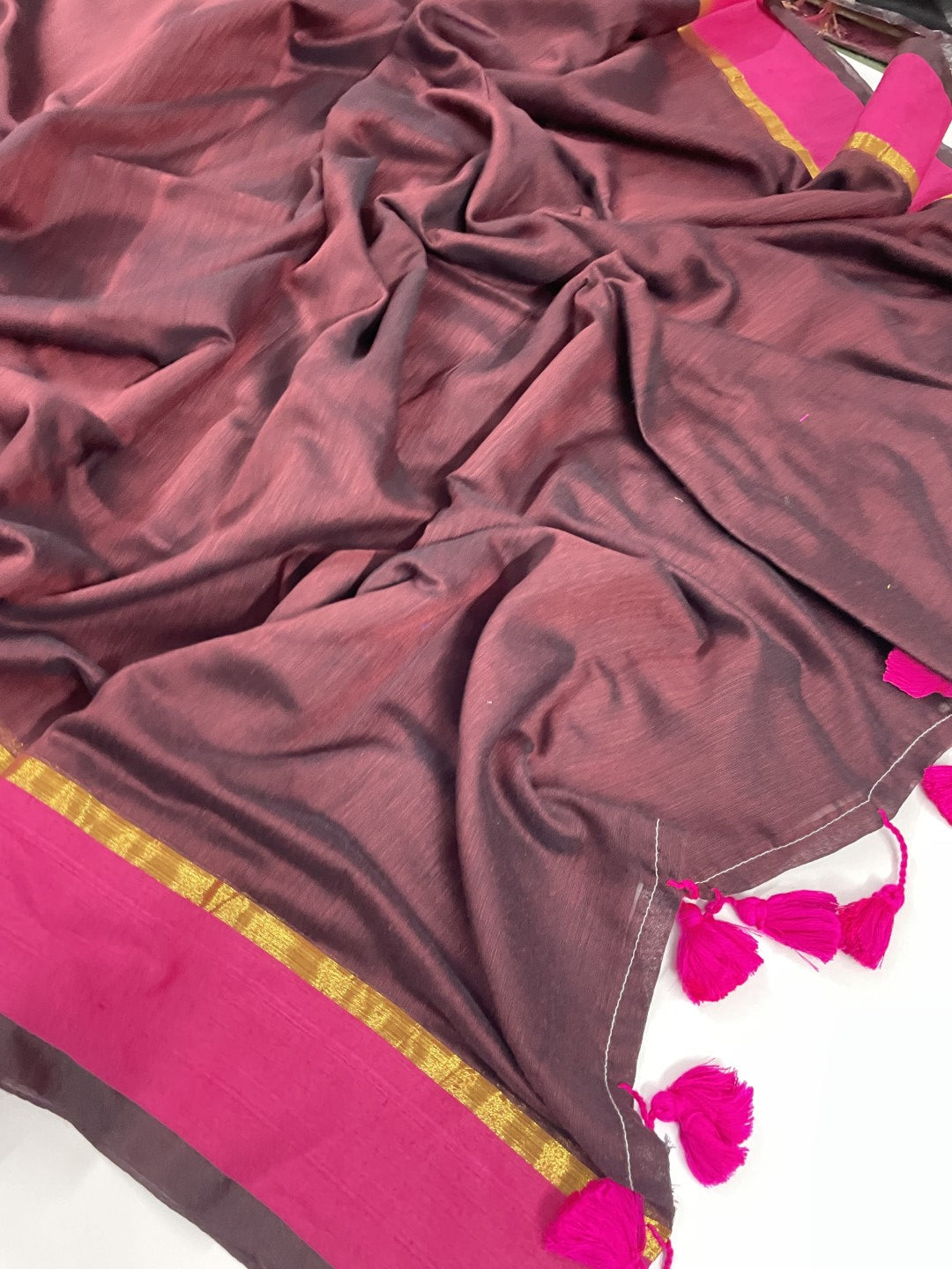 Brown N Pink Mul Cotton Saree