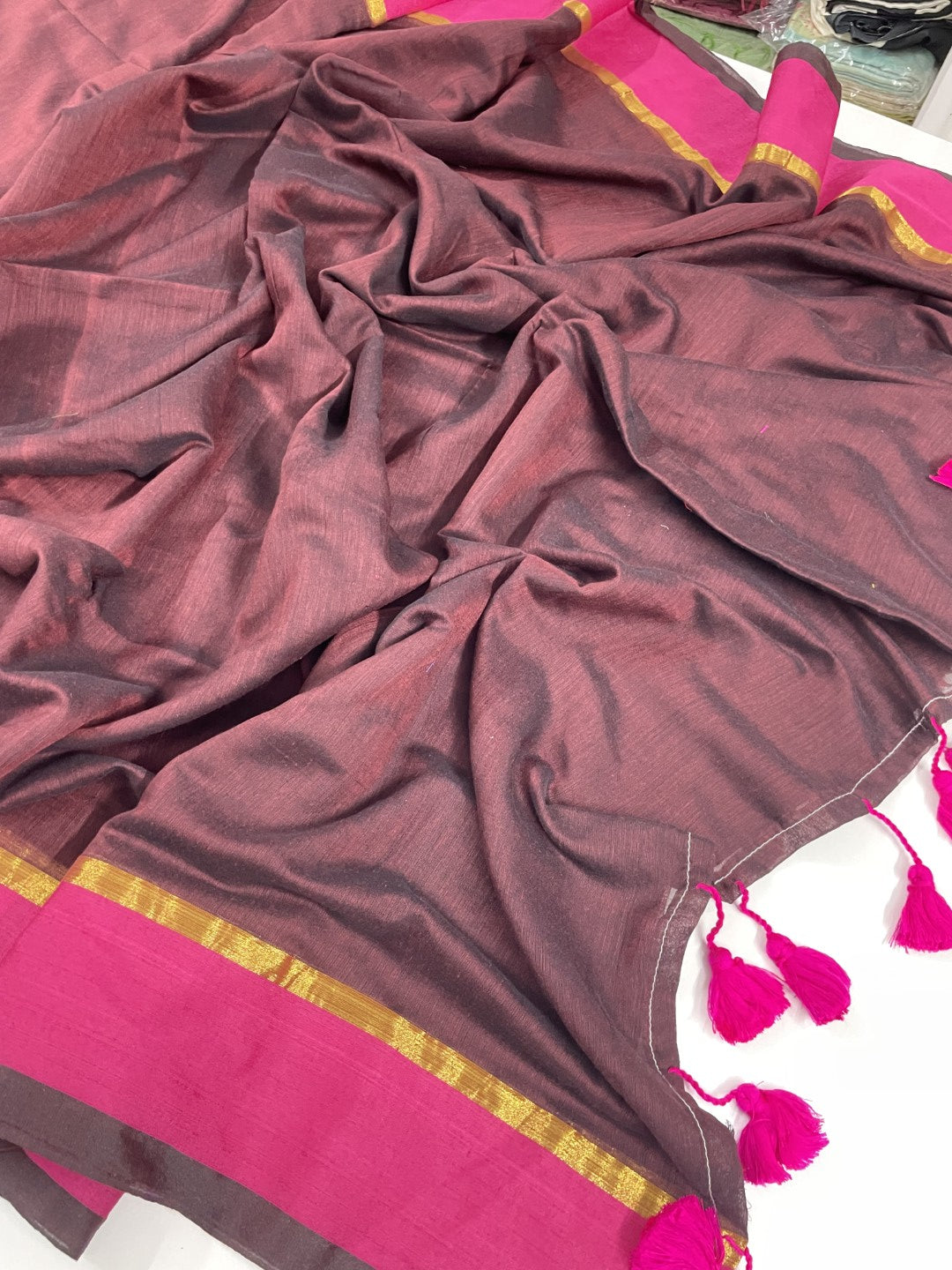 Brown N Pink Mul Cotton Saree