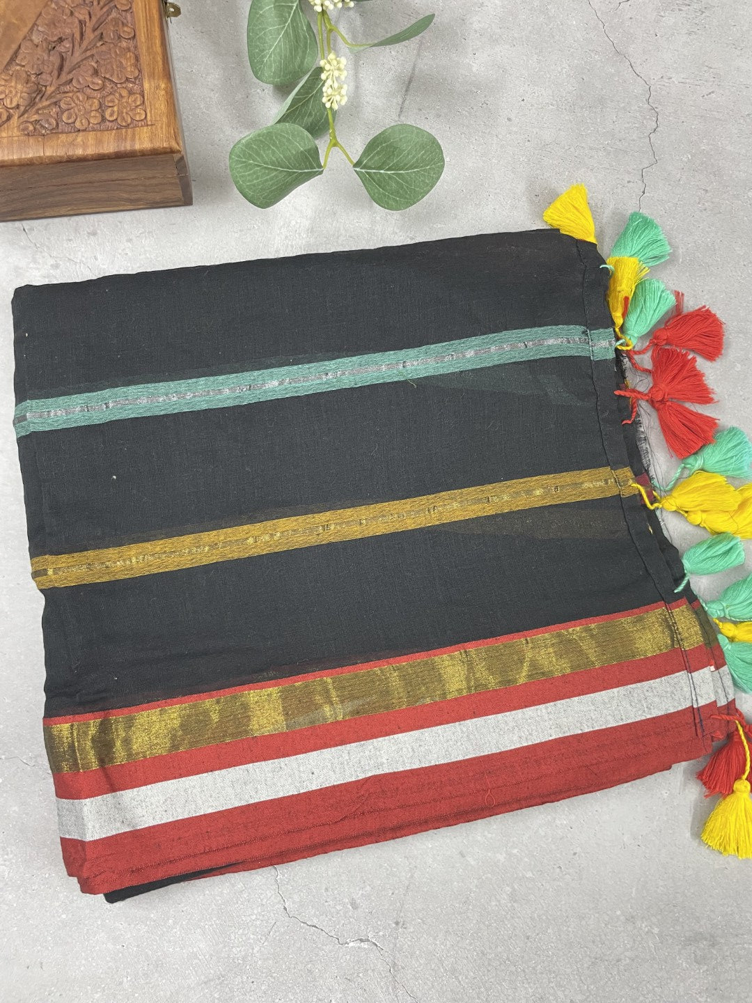 Black Stripe Rainbow Mul Cotton Saree