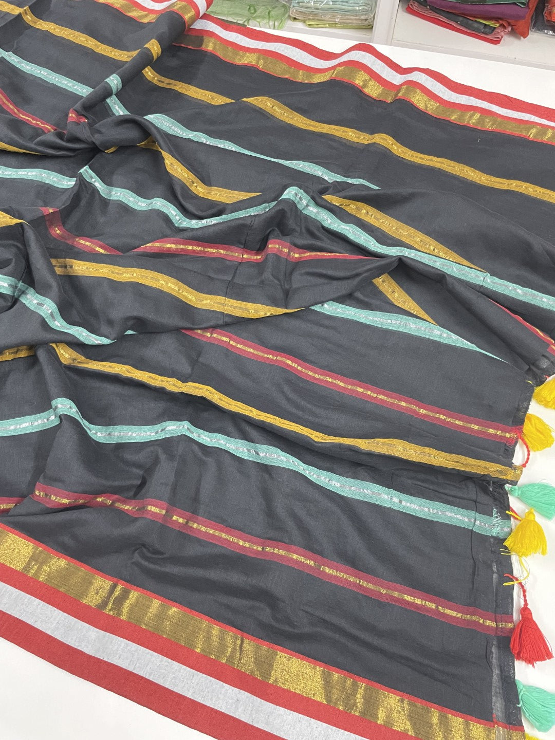 Black Stripe Rainbow Mul Cotton Saree
