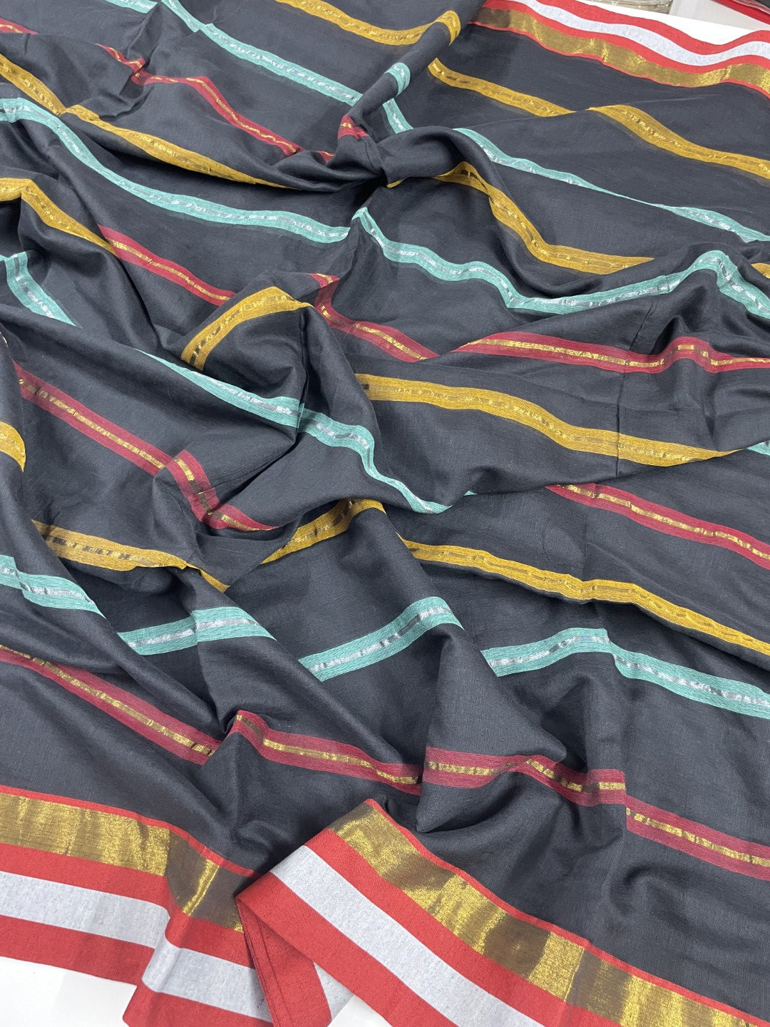 Black Stripe Rainbow Mul Cotton Saree