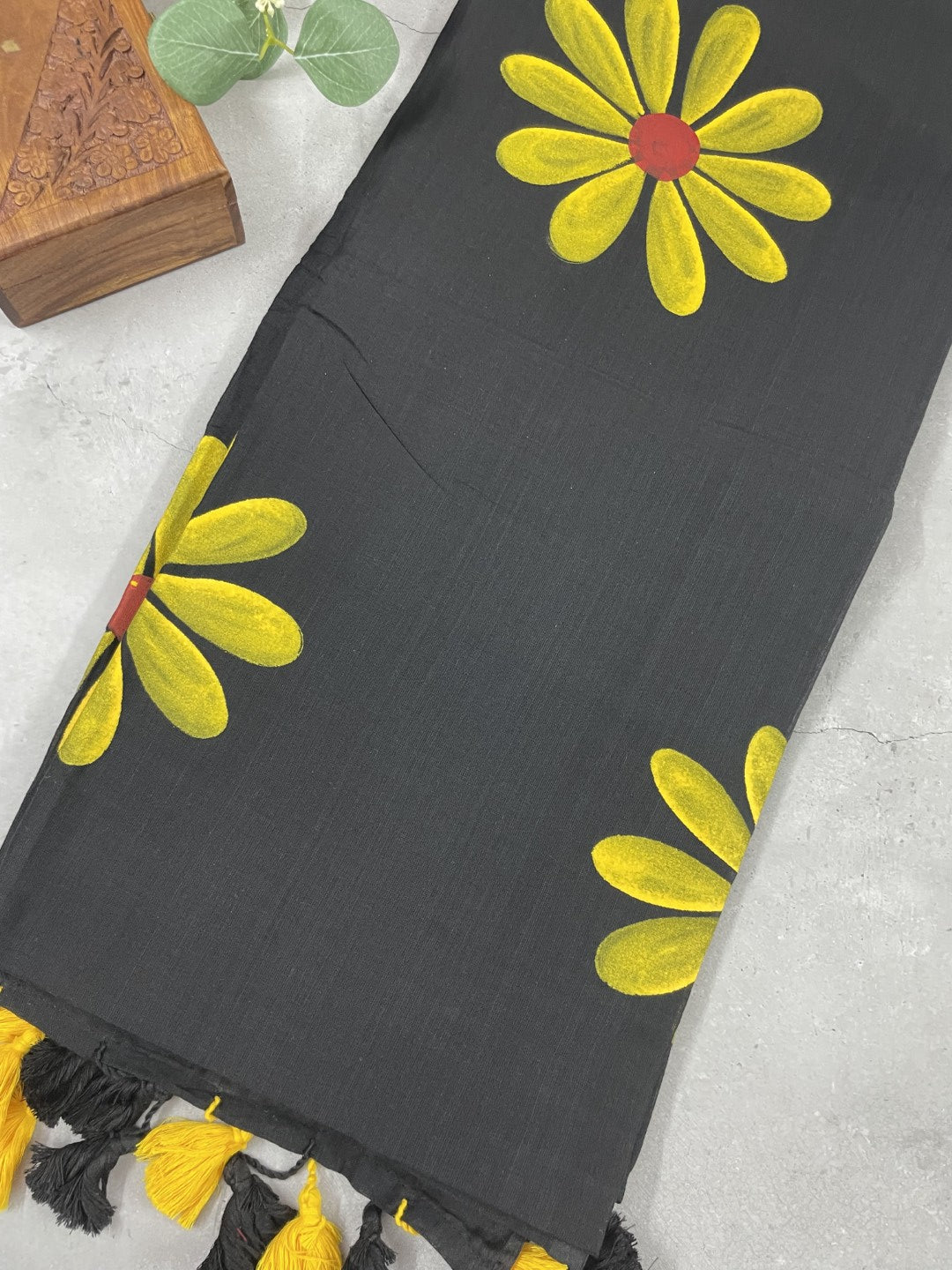 Black Sunflower HandPaint Khadi Cotton Saree