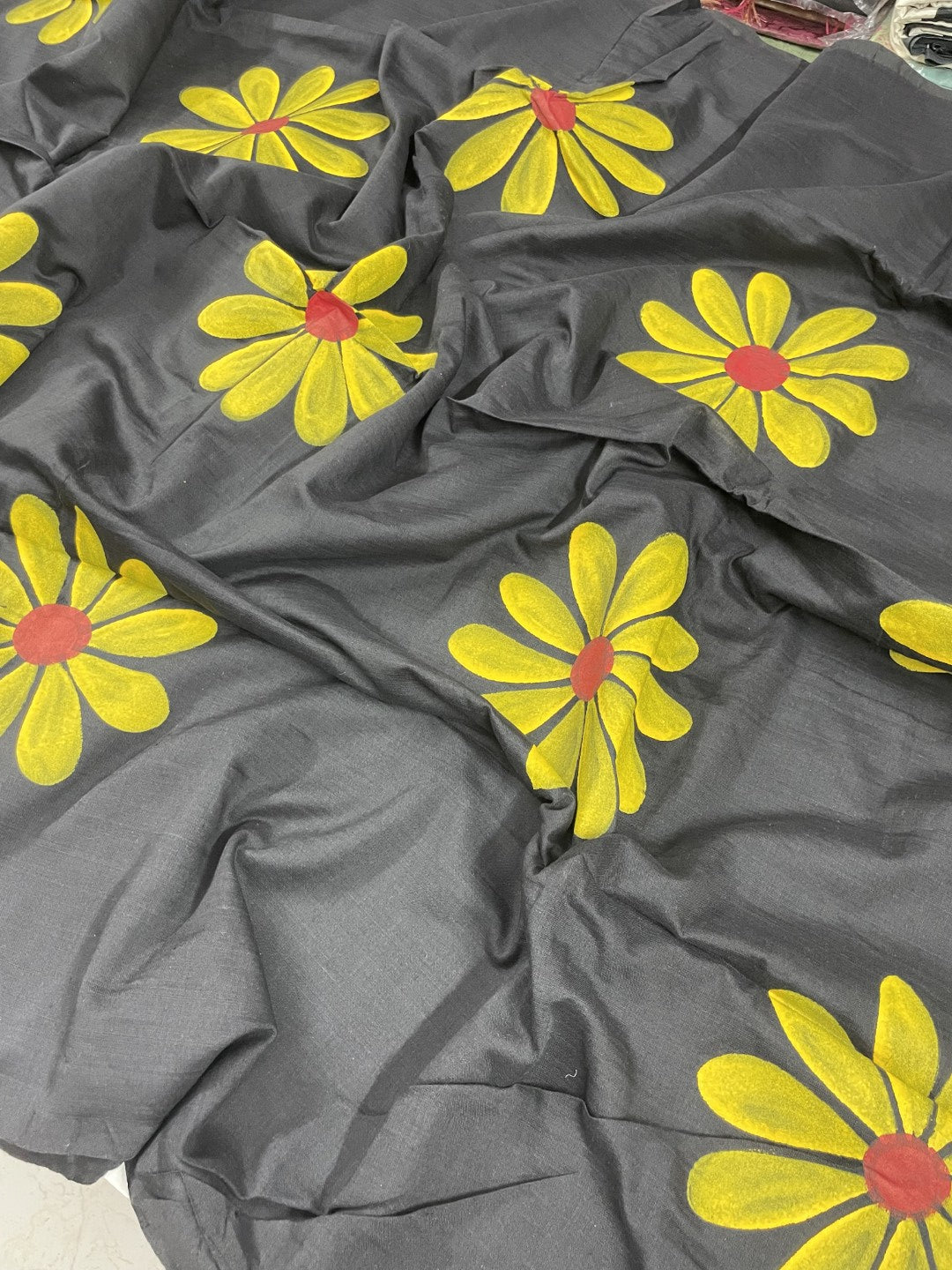 Black Sunflower HandPaint Khadi Cotton Saree