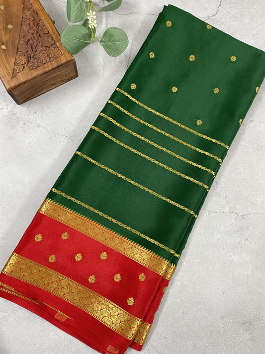 Green N Red Pure Mysore Crepe Silk Saree
