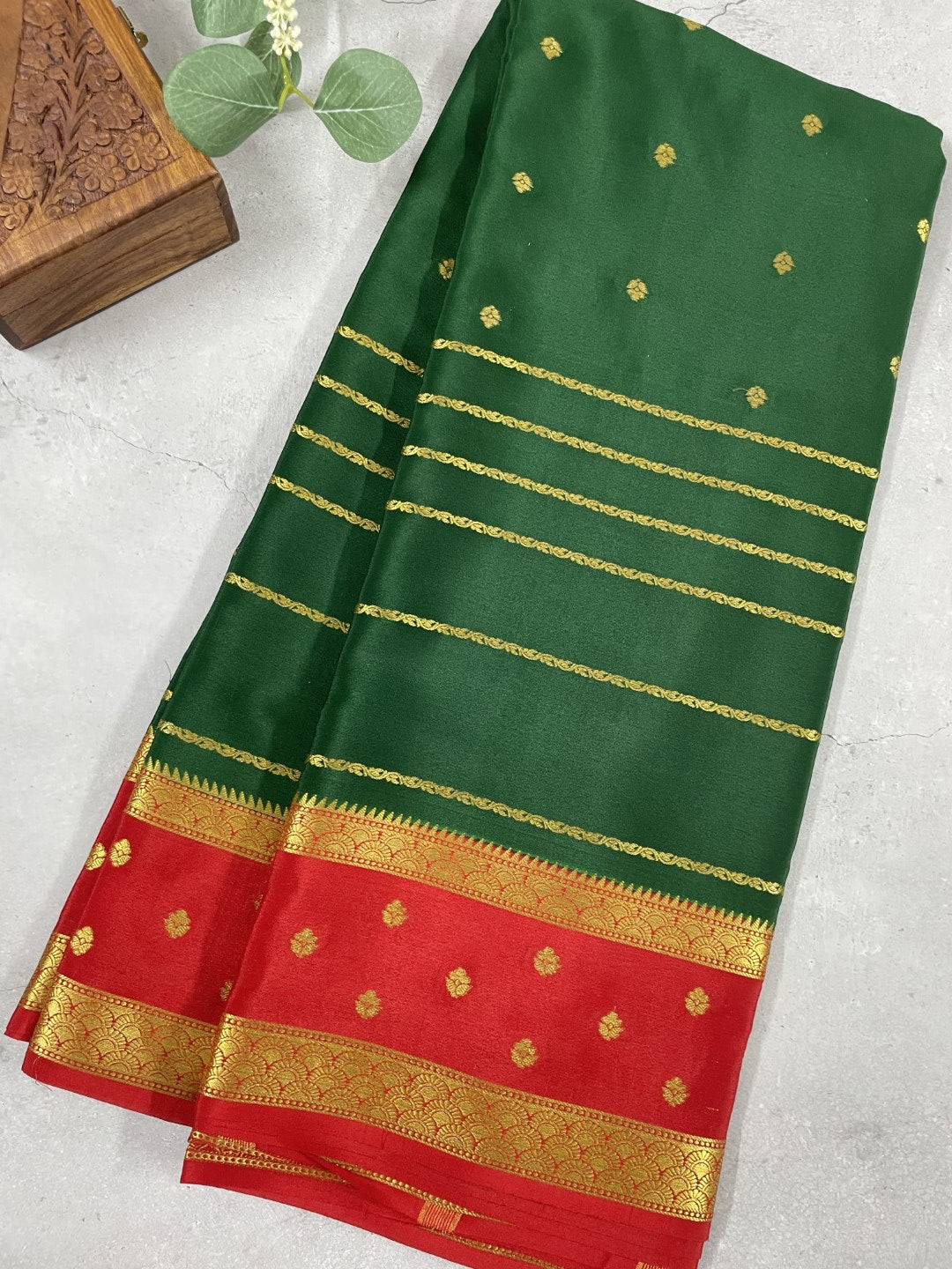 Green N Red Pure Mysore Crepe Silk Saree
