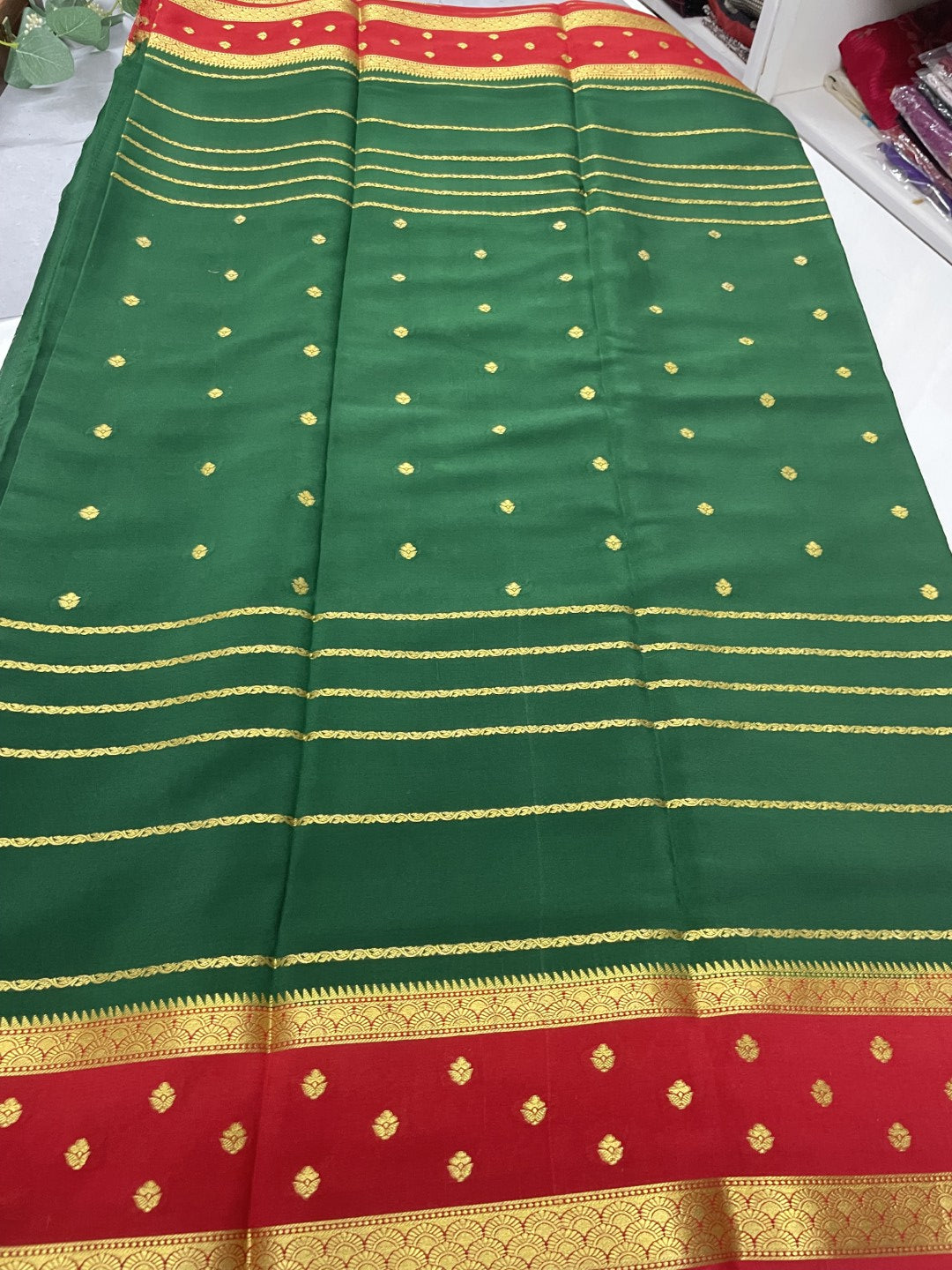 Green N Red Pure Mysore Crepe Silk Saree
