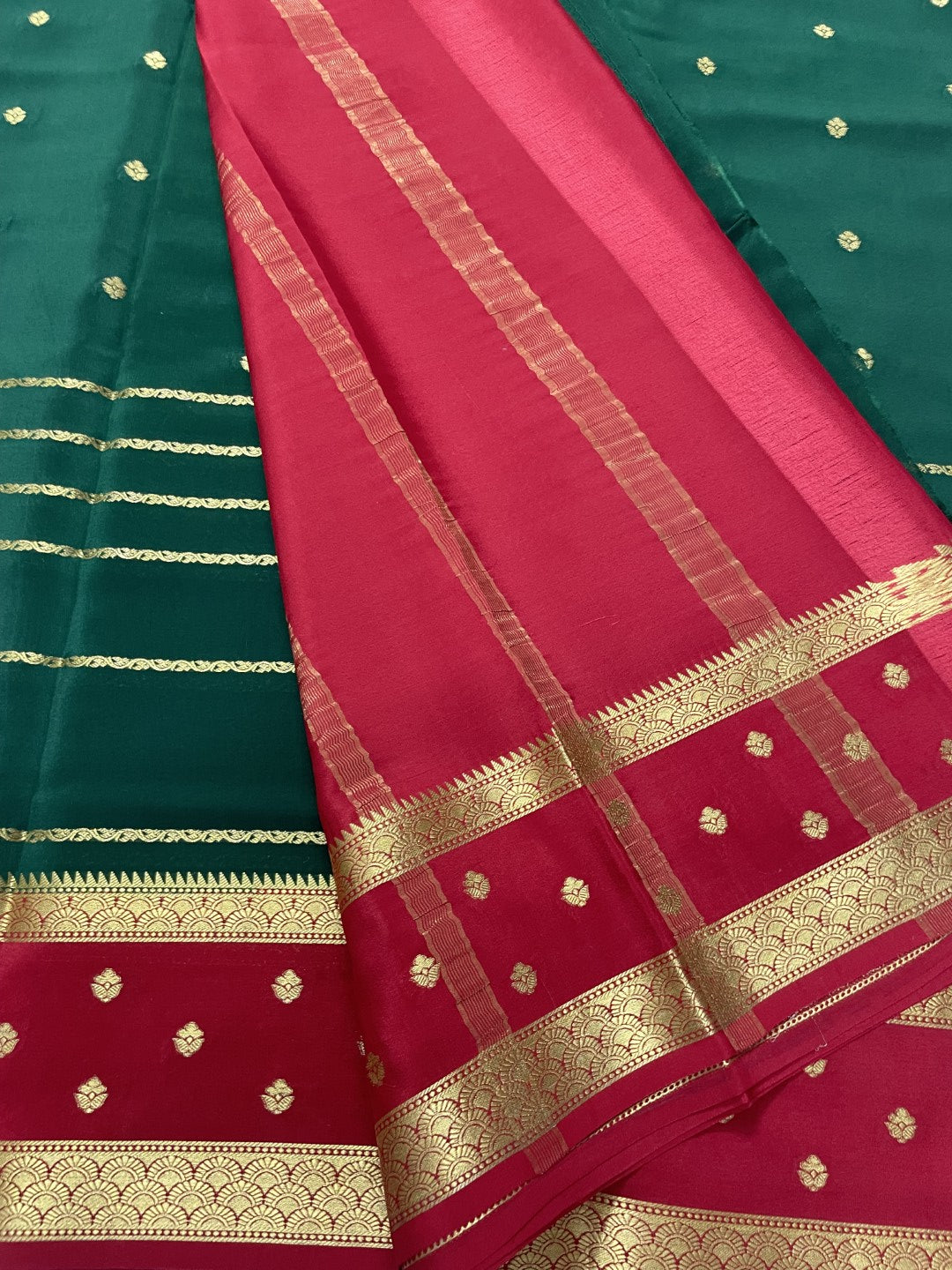 Green N Red Pure Mysore Crepe Silk Saree