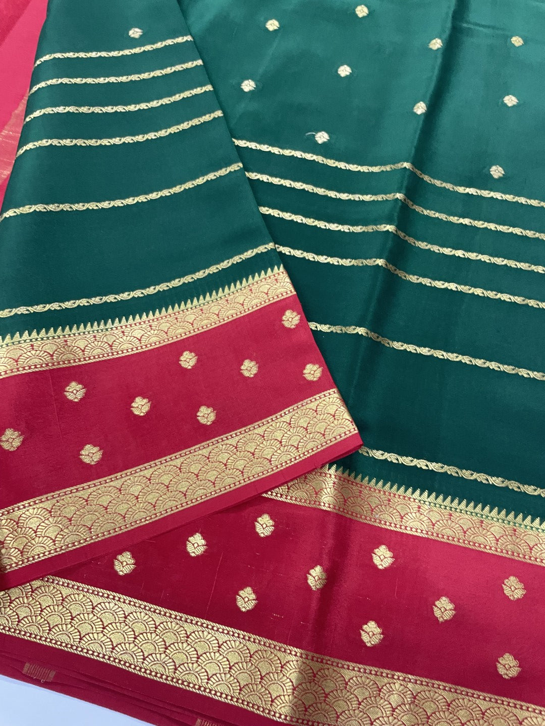 Green N Red Pure Mysore Crepe Silk Saree