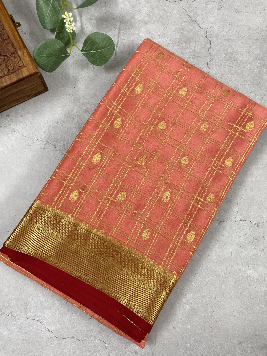 Peach N Maroon Checks Pure Mysore Crepe Silk Saree
